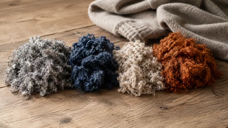 Färgsorterade högar av riven ullfiber i grått, marinblått, naturvitt och rost