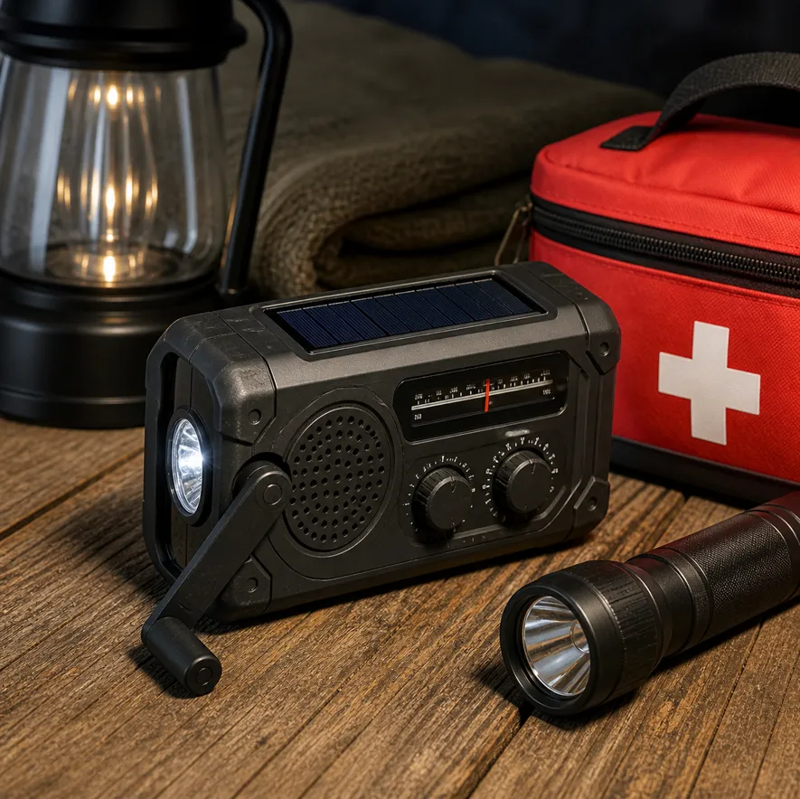 Dynamoradio med vev för krisberedskap och nödsituationer