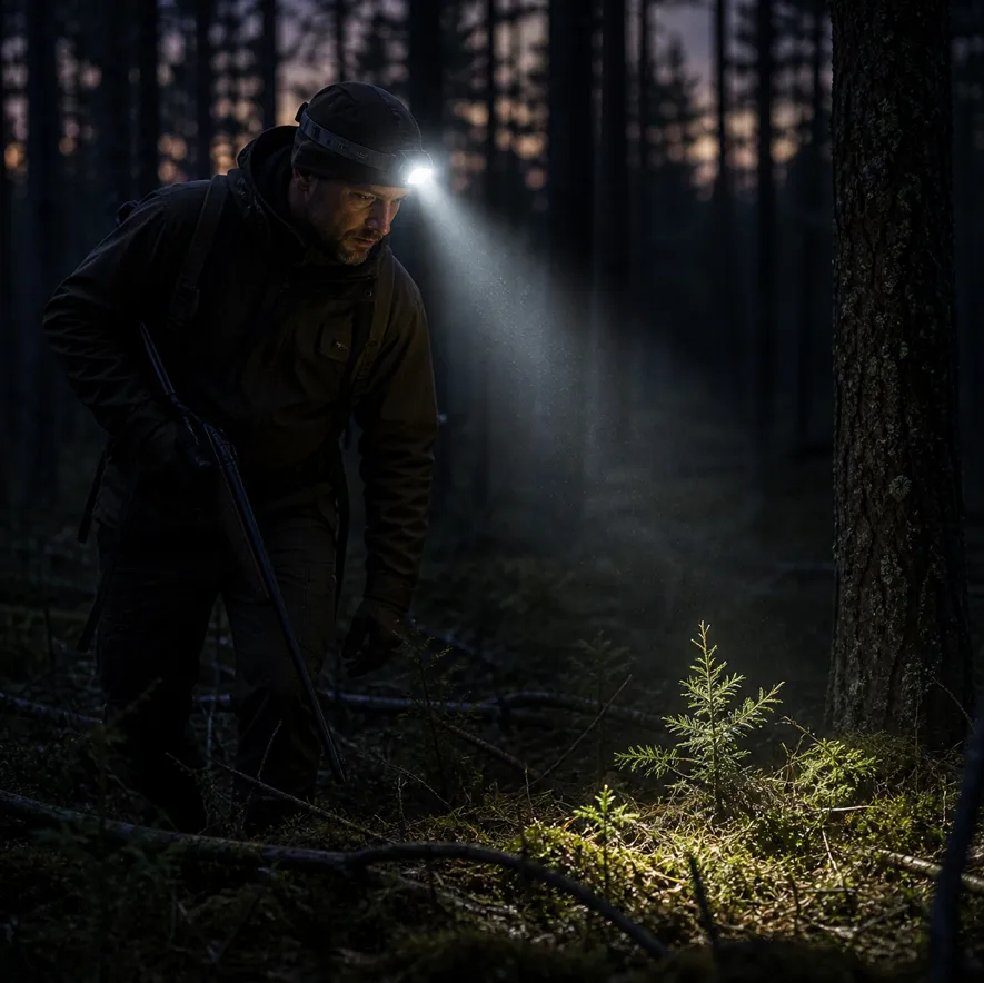 Jägare med eftersökslampa i mörk skog vid jakteftersök