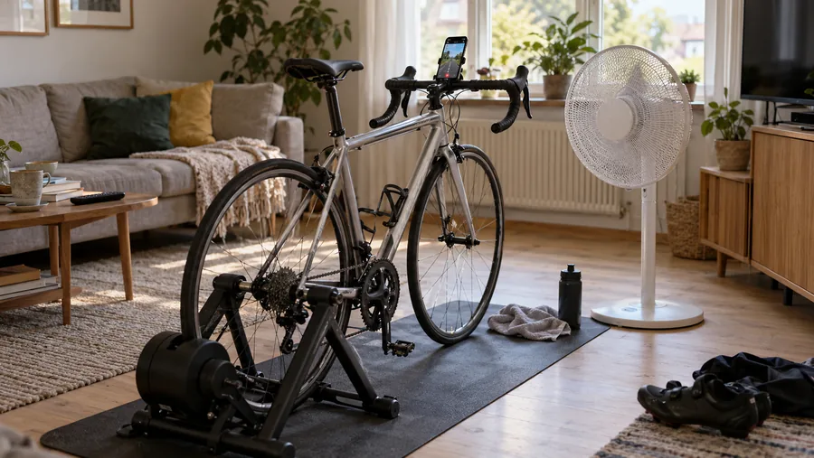 Enkel hemmasetup för inomhuscykling med landsvägscykel på rulltrainer, telefon i styrstativ och golvfläkt