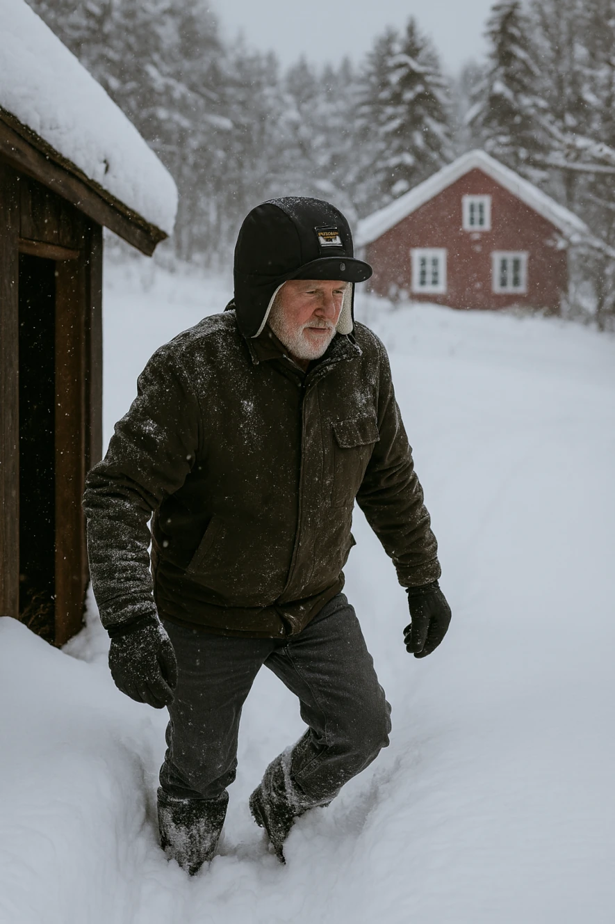 Går från uthuset en snöig vinterdag i januari 2025, har fjällmössa på huvudet som skyddar mot vind och snö
