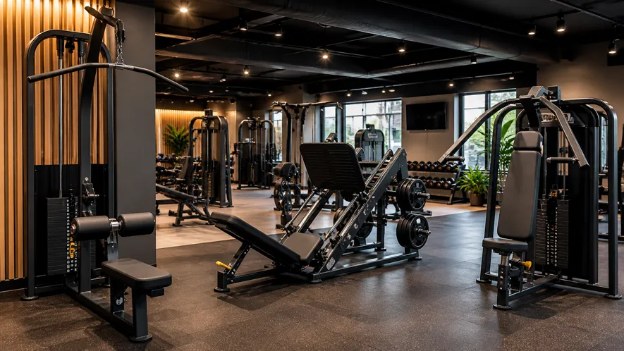 Moderna gymmaskiner för styrketräning - benpress, lat pulldown och axelpress