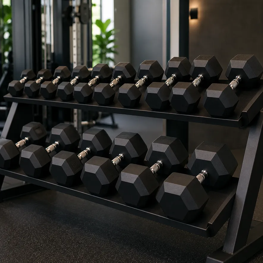 Sexkantiga hexhantlar på hantlarställ i gym - stabila och rullar inte