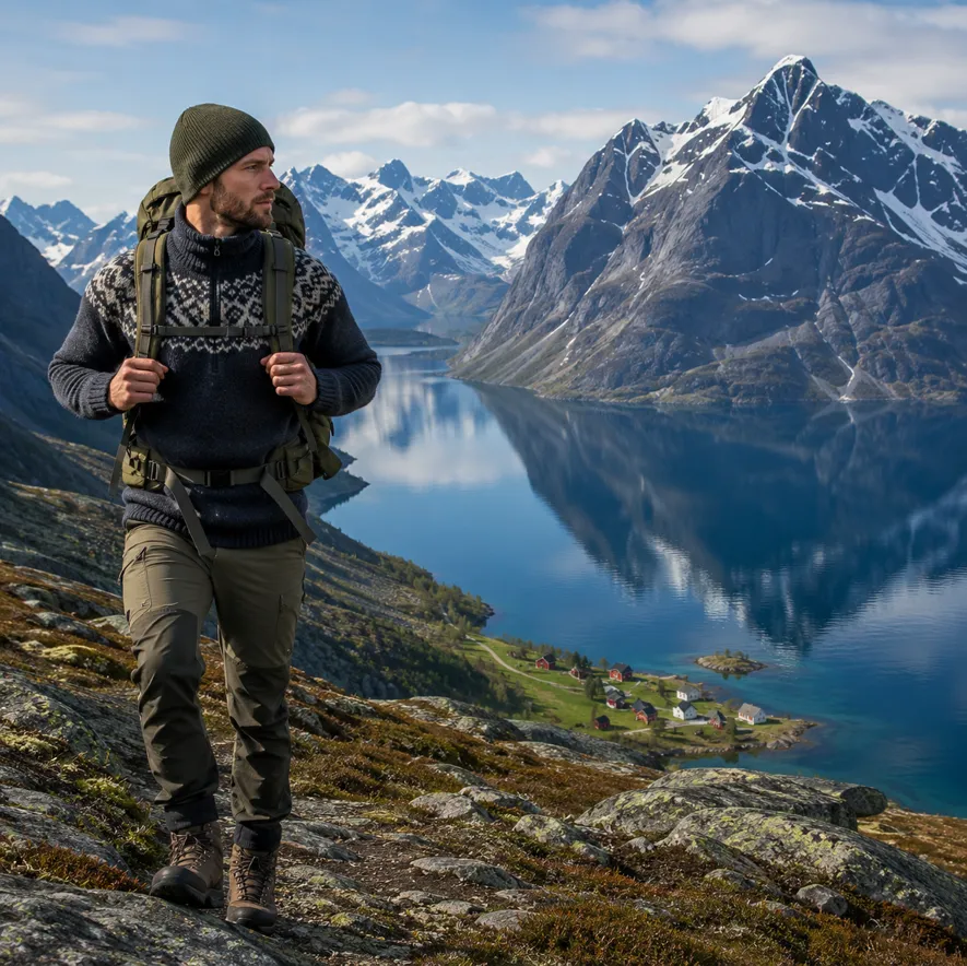 Norska friluftsklädesmärken - Bergans, Aclima, Devold i norsk fjällmiljö med fjord