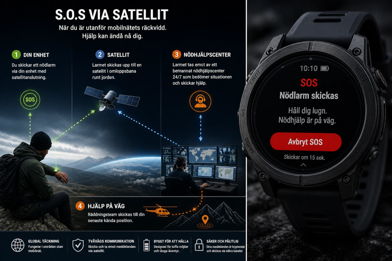 Illustration av hur Garmin inReach skickar SOS via satellit