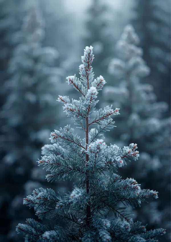 Vinterskogen med rimfrost och blåtonat ljus