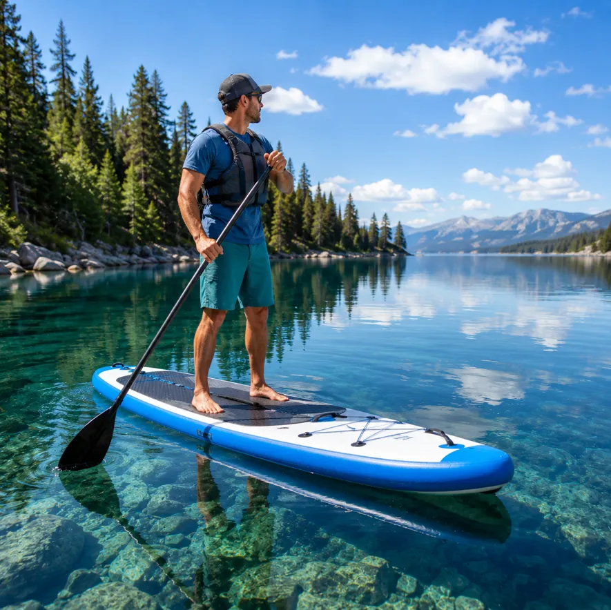 Uppblåsbar SUP-bräda på lugn sjö - stand up paddling med hopfällbar bräda
