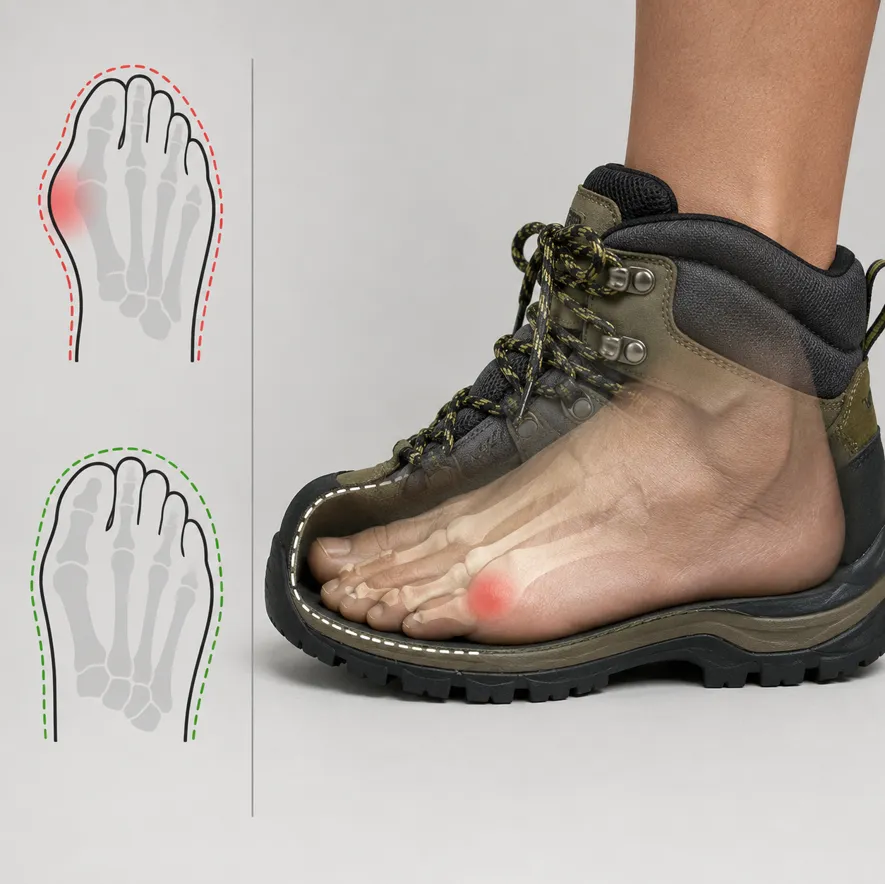 Vandringskängor med bred tåbox för hallux valgus - extra plats för knöl vid stortån